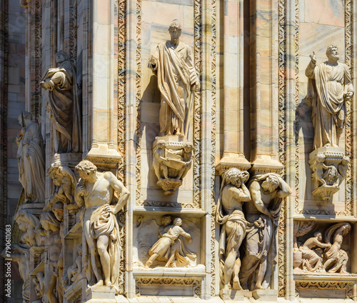 The exterior of the Cathedral Duomo di Milano, dedicated to St Mary of the Nativity, with Gothic style. Imposing architectural details close-up. View, details, architectures and embellishments. Italy.