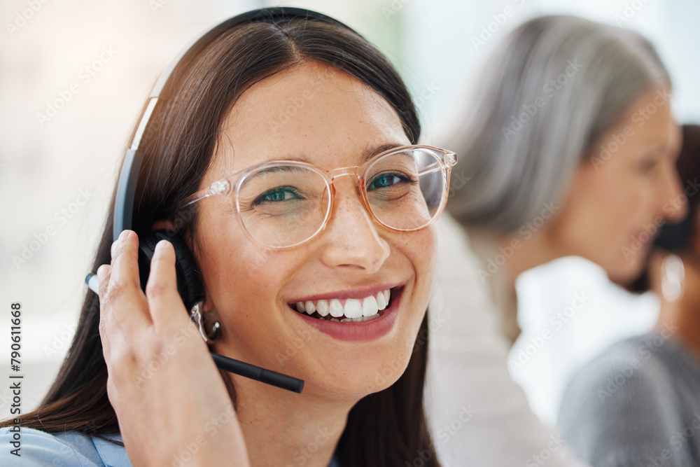 Obraz premium Portrait, headset or happy woman consulting in call center talking or networking online in telecom support. Smile, agent or virtual assistant in communication or conversation at customer services