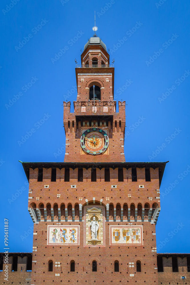 Exterior view clock tower of the Sforza Castle. It was built in the 15th century. Close-up with details. View, details, architectures and embellishments.