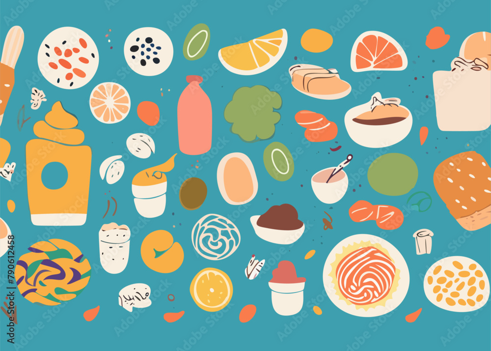 Seamless pattern with food and drinks. Hand drawn vector illustration.