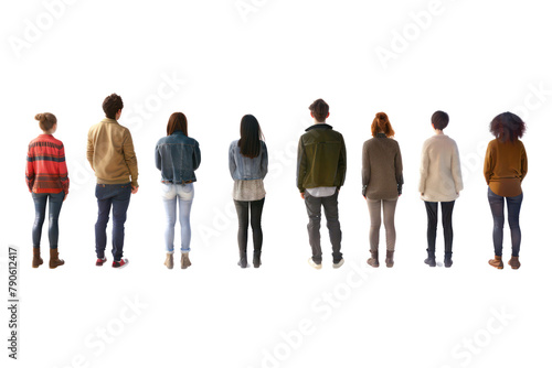 A group of people are standing in a line on transparent background.
