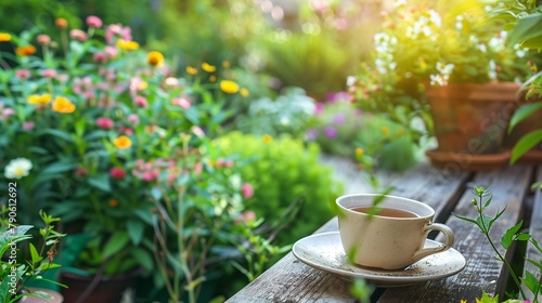 A serene garden setting with a teacup