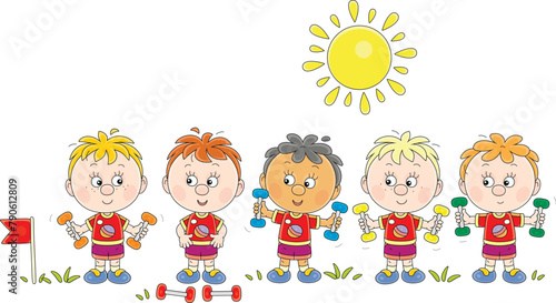 Funny little boys in colorful sportswear doing morning exercises with small dumbbells on a sunny summer lawn, vector illustration on a white background
