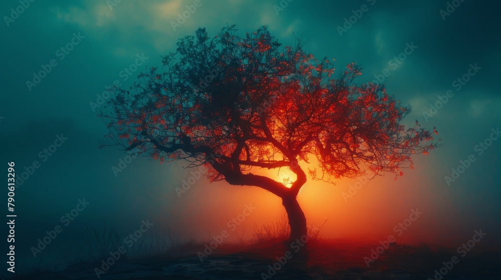 Majestic red tree silhouette against a blazing sunset on a rocky terrain