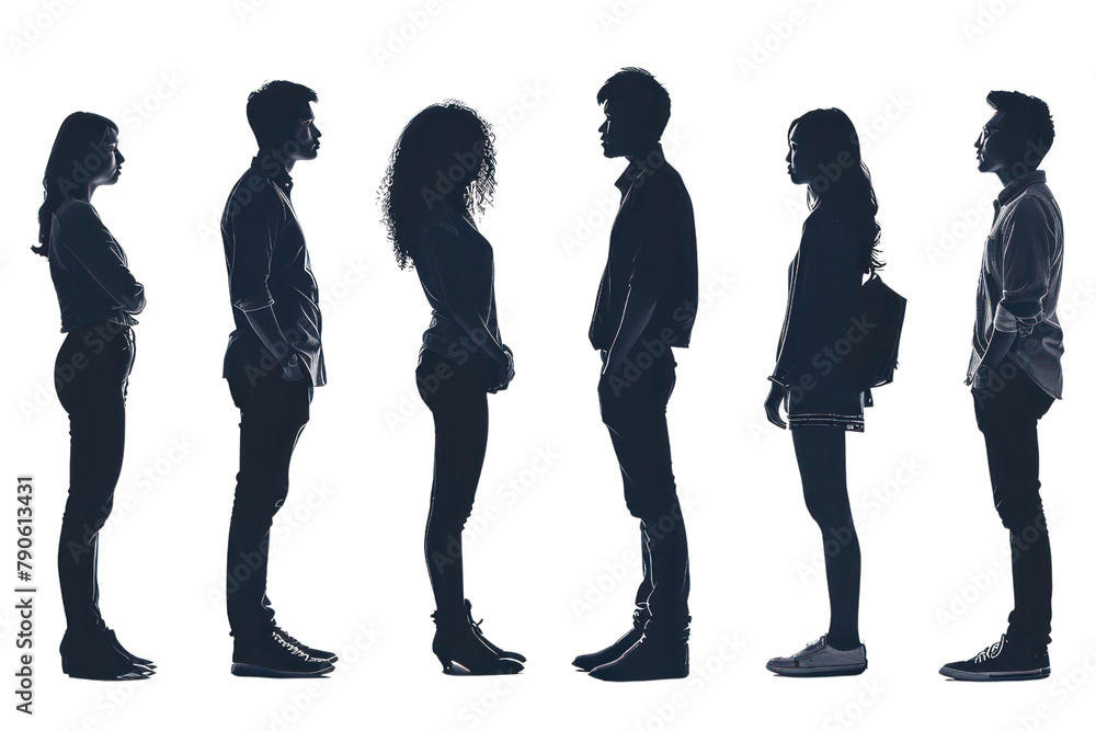 A group of people standing in a line, with one person wearing a backpack on transparent background.