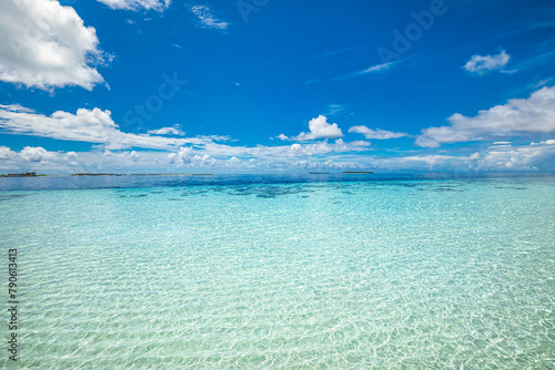 Crystal clear seascape. Perfect sunshine sky water of ocean. Blue sea transparent ocean water surface ripples waves calm and underwater with sunny and cloudy sky. Happy inspirational beauty in nature