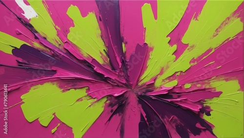 Abstract painting with intense magenta and lime green brushstrokes creating a captivating composition.