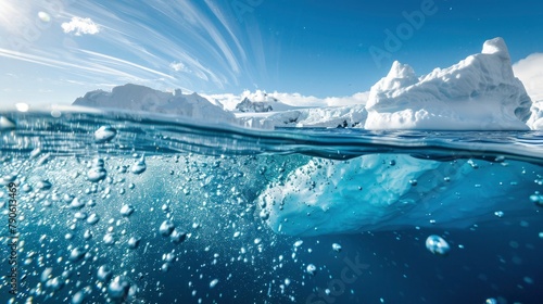 A portion of the iceberg is visible above the ocean on a background of blue sky. photo