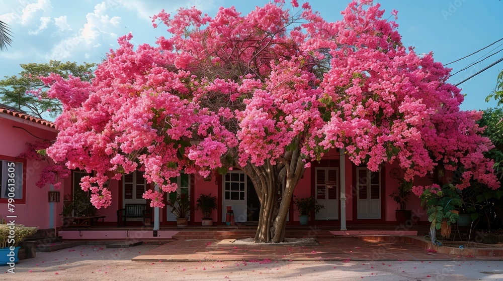 The huge bougainvillea tree in front of the house is full, with many pale pink flowers blooming on it. Generative AI. The huge bougainvillea tree in front of the house is full, with many pale pink flowers blooming on it. Generative AI.