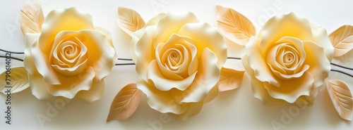 Three cream-colored roses in the color yellow against a white wall background.