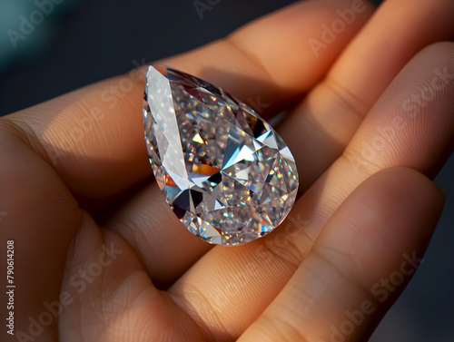Precision cut lab diamond in hand, exemplifying sustainable gemstone engineering. Pear shaped synthetic diamond cradled in human fingers. Hand held lab diamond, pear crystal presentation photo
