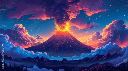 Vibrant digital artwork of an erupting volcano with a starry night sky photo