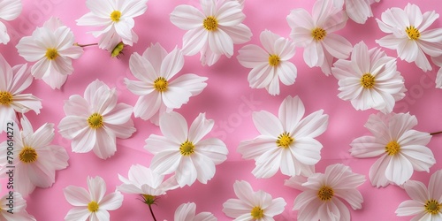Cosmos flowers in white on a pink background