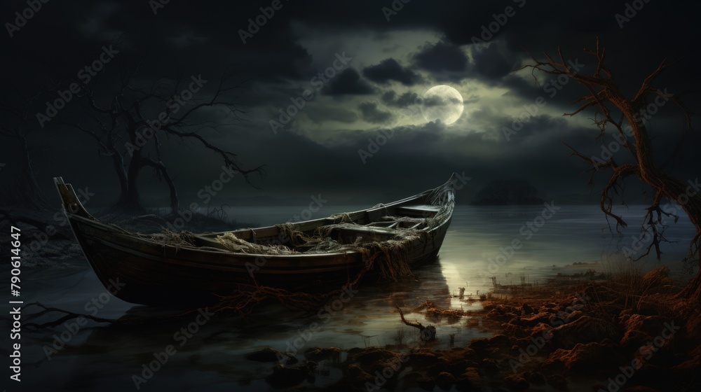 A boat is floating in a lake at night with a full moon in the sky A boat is floating in a lake at night with a full moon in the sky