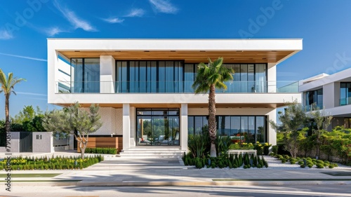 Exterior view of multiple modern house. Architecture 3d rendering of minimal modern house with natural landscape.  Perspective of modern House background. © Pha