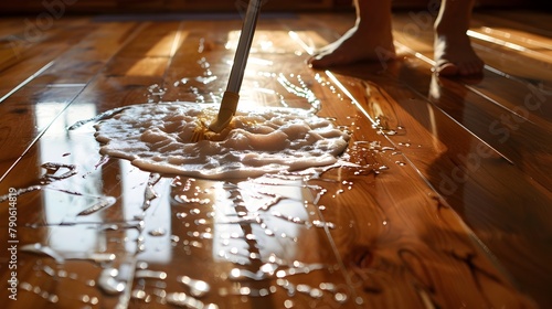 Mopping a Gleaming Wooden Floor Revealing a Serene Home Environment photo