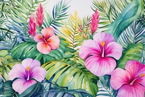 A painting of a tropical forest with pink flowers