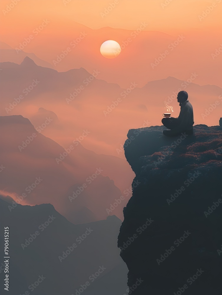 Solitary figure basking in the serene glow of a mountain sunrise lost in tranquil contemplation amidst the breathtaking natural landscape
