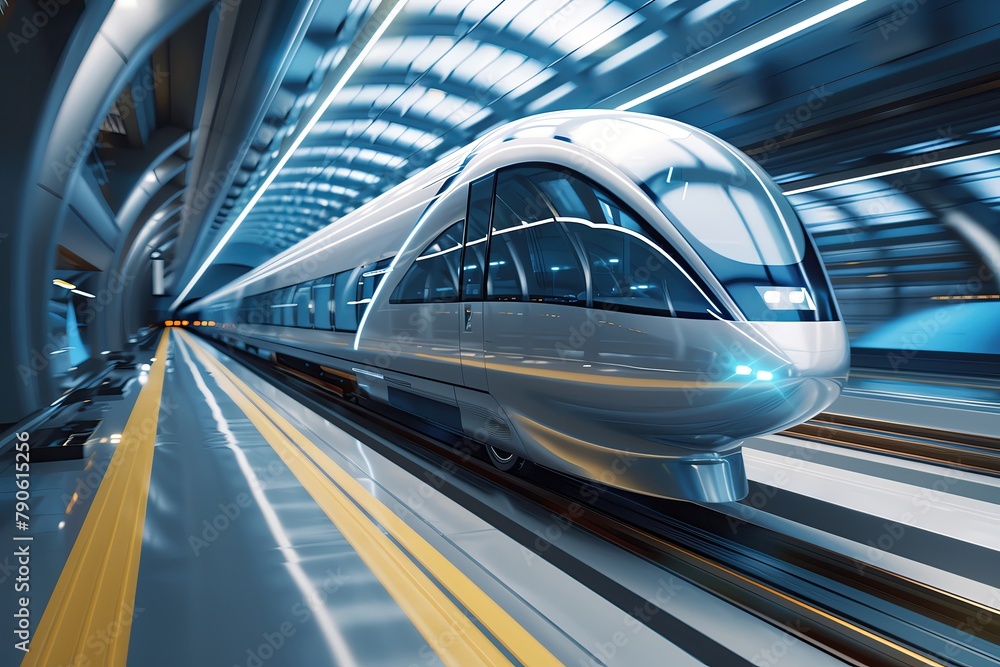 closeup, realistic, portrait of a sleek new maglev train speeding through a futuristic station, emphasizing the electromagnetic technology used in its propulsion