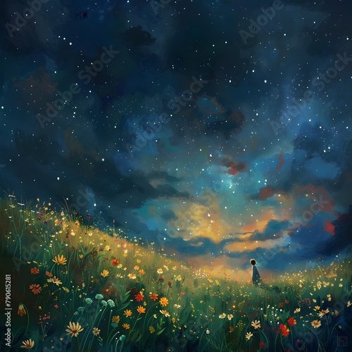 Solitary Figure Contemplates the Secrets of the Universe in an Enchanted Meadow Under the Starry Night Sky © Wuttichai