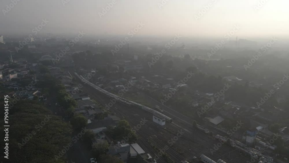 Railway crossing seen from the air. railway crossing in the middle of the city