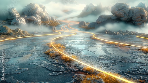 A road with ultra-modernist platinum stone texture, and there are several golden lines on the road. Generative AI.