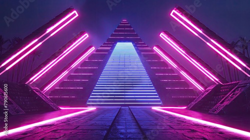 An Aztec pyramid illuminated by geometric neon lights, merging ancient civilization with futuristic aesthetics for a striking visual impact