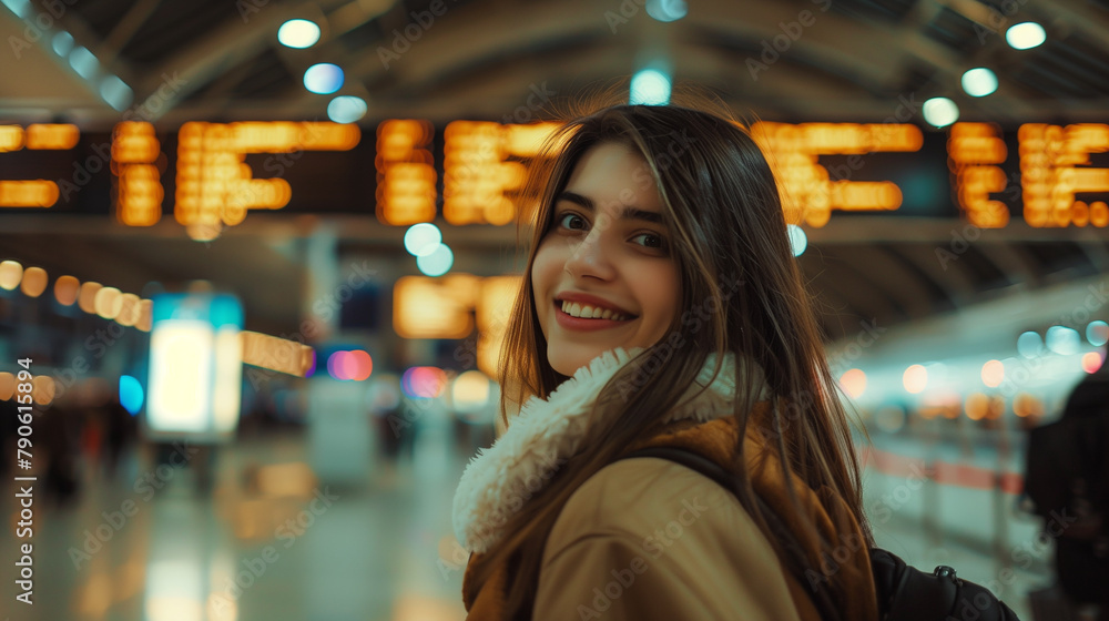 a young caucasian woman smiles against the background of the airport. Traveling at a young age. a girl on the background of the departure and arrival board of the airport a young caucasian woman smiles against the background of the airport. Traveling at a young age. a girl on the background of the departure and arrival board of the airport