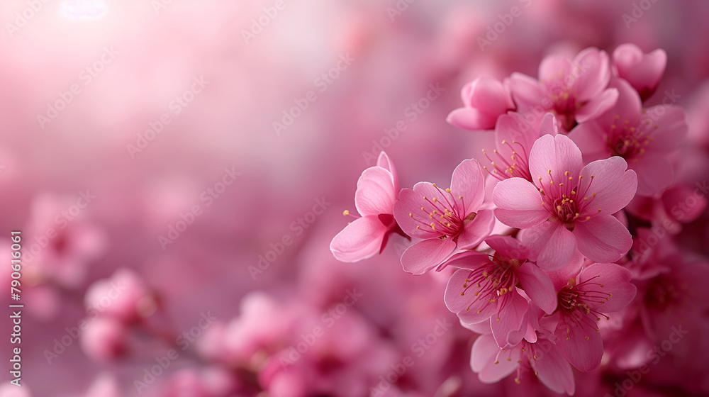 Horizontal banner with sakura flowers of pink color on sunny backdrop. Beautiful nature spring background with a branch of blooming sakura. Sakura blossoming season in Japan.