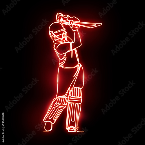 Cricket player neon vector art green, blue, red. Cricket batsman neon art. Cricket Batsman, Neon light effect, full black background.