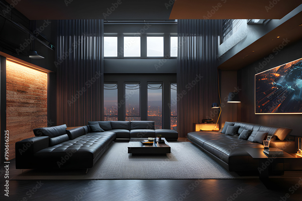 luxury penthouse interior with black stone wall under warm light in 3D ...