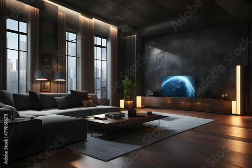 luxury penthouse interior with black stone wall under warm light in 3D rendering photo