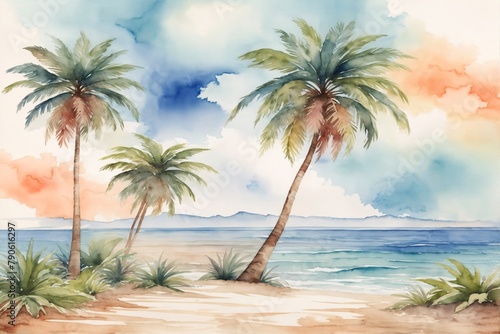 Watercolor palm beach wallpaper, Beach Watercolor Landscape Background, Watercolor palm island Scenery Wallpaper, Watercolor painting Summer Beach landscape, AI Generative © Forhadx5