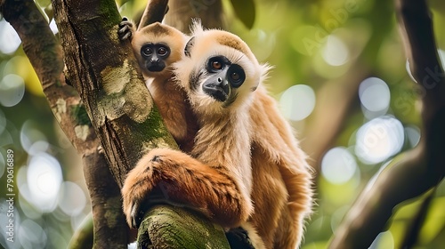 Gibbons Embracing on a Tree Branch: A Display of Affection in Nature. Captivating Wildlife Photography. Tender Moments in the Animal Kingdom. AI photo