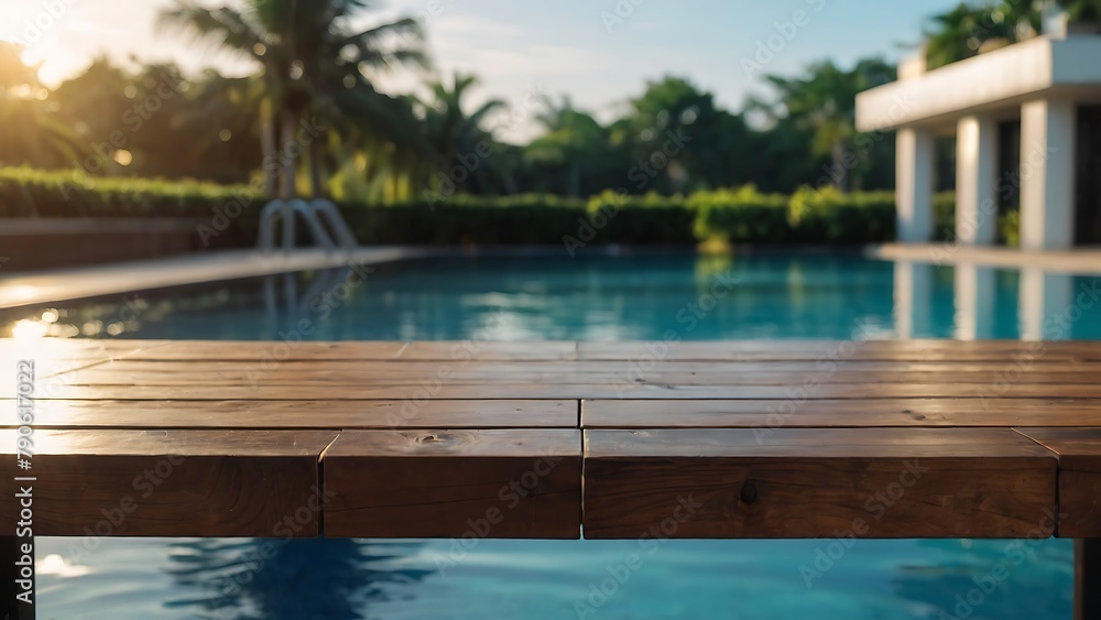 Empty wooden table with beautiful swimming pool background, photorealistic	