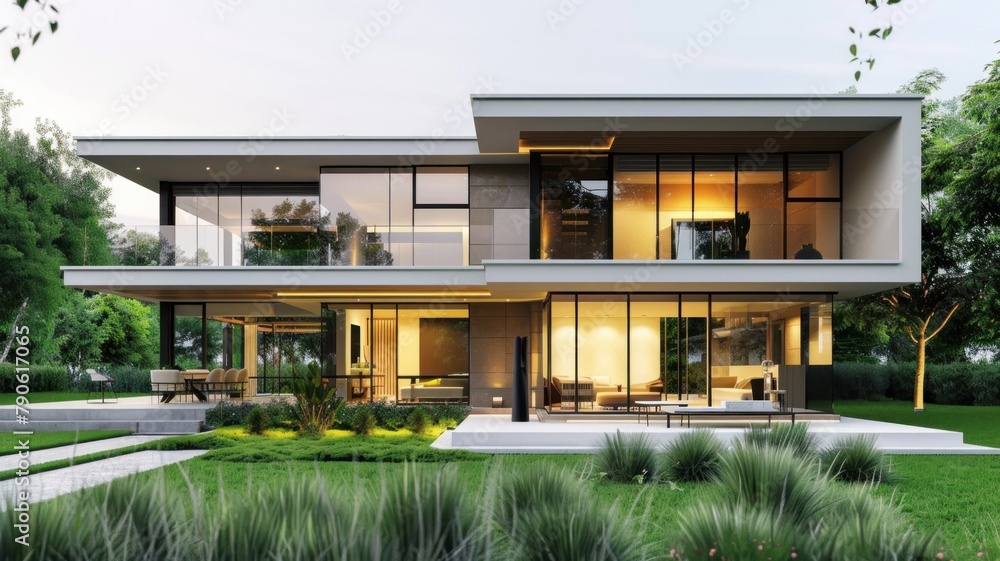 Exterior view of multiple  modern house. Architecture 3d rendering of minimal modern house with natural landscape. Front of modern House background.