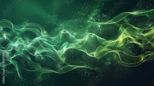 Abstract, energy and green motion waves on a black background for wallpaper, An abstract wave of green digital particles flowing over a dark background with a bokeh effect,Abstract wave element 