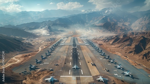 A huge air force base with a variety of fighter jets, military vehicles, military camps, surrounded by mountains. Aerial high view. Generative AI. photo