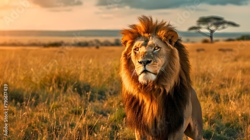 Majestic Male Lion in Golden Savannah at Sunset. King of the Jungle Surveying his Domain. Wildlife and Nature Concept. AI