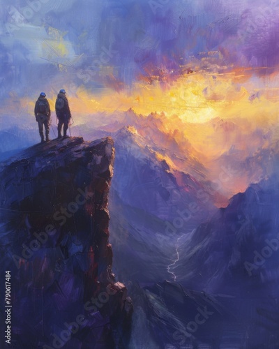 A painting capturing two climbers standing on a mountain peak with a vivid sunrise illuminating the rugged landscape.  © Rumpa