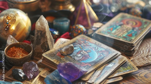 Tarot Cards and Crystals on Wooden Table for Mystical Reading. © Juan
