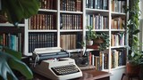 Cozy Vintage Writer's Den with Inspiring Bookshelves and Typewriter