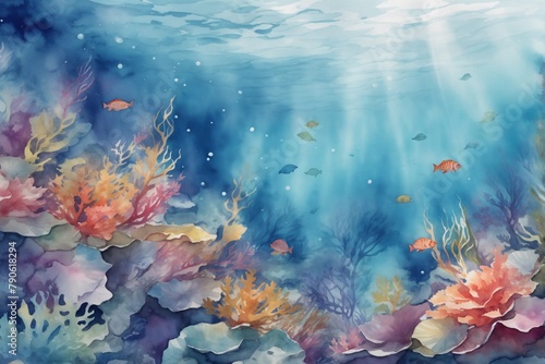 Watercolor Under Water Landscape, Under The Sea Watercolor Landscape Wallpaper, Under Water Scenery, watercolor painting of the underwater world, Underwater Sea Life, AI Generative