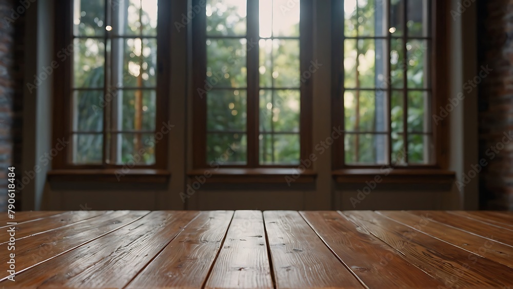 Empty wooden table top and blur bokeh wood room interior background in clean and bright, studio warm light Empty wooden table top and blur bokeh wood room interior background in clean and bright, studio warm light