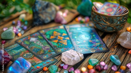 Tarot Cards and Crystals on Wooden Table for Mystical Reading.