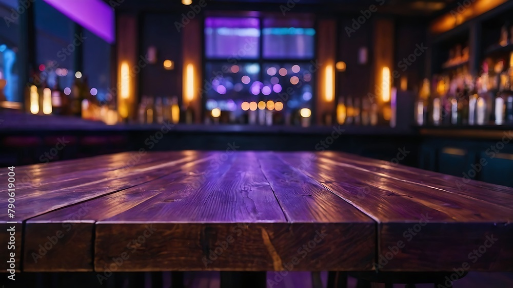 Empty wooden table top and blur bokeh modern Nightclub background in clean and bright, studio warm light Empty wooden table top and blur bokeh modern Nightclub background in clean and bright, studio warm light