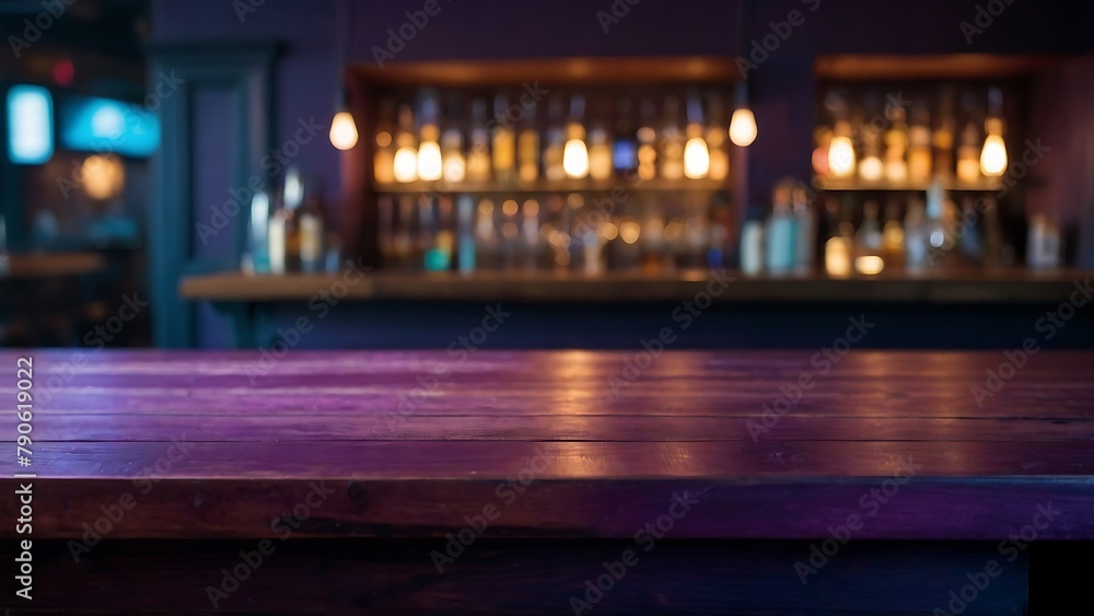 Empty wooden table top and blur bokeh modern Nightclub background in clean and bright, studio warm light Empty wooden table top and blur bokeh modern Nightclub background in clean and bright, studio warm light