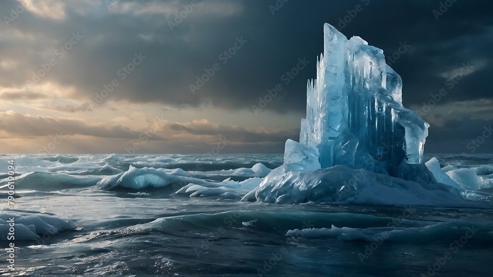 Icy Ocean Landscape with Glacial Iceberg Under Blue Sky