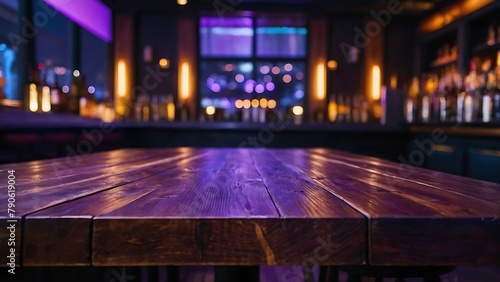 Empty wooden table top and blur bokeh modern Nightclub background in clean and bright, studio warm light
