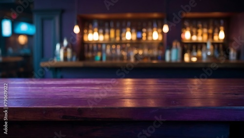 Empty wooden table top and blur bokeh modern Nightclub background in clean and bright  studio warm light